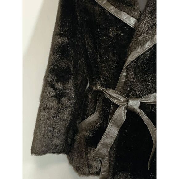 Vintage Women’s Faux Fur Leather Tie Front Shawl Coat Brown Size Medium - Picture 6 of 12